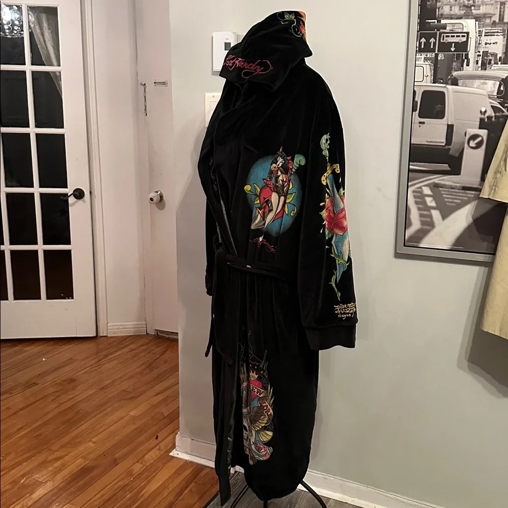 Y2K Ed Hardy Velvet Robe Coat Skull Tattoo Graphic Black S/M Luxury Streetwear - Picture 6 of 15